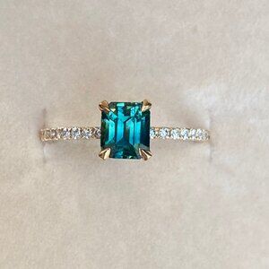 Natural Teal Sapphire Diamond Pave band Engagement Ring 14K Rose Gold